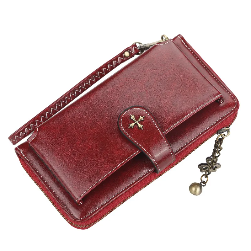 Multifunctional Oil Wax Leather Zipper Phone Bag Buckle Tassel Wallet Wallets for Women Small Wallet Women