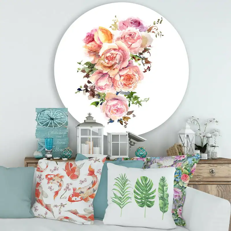 

'Bouquet Of Pink Roses Flowers' Traditional Circle Metal Wall Art 36x36 - Disc of 36 Living Room Interior Home Decoration