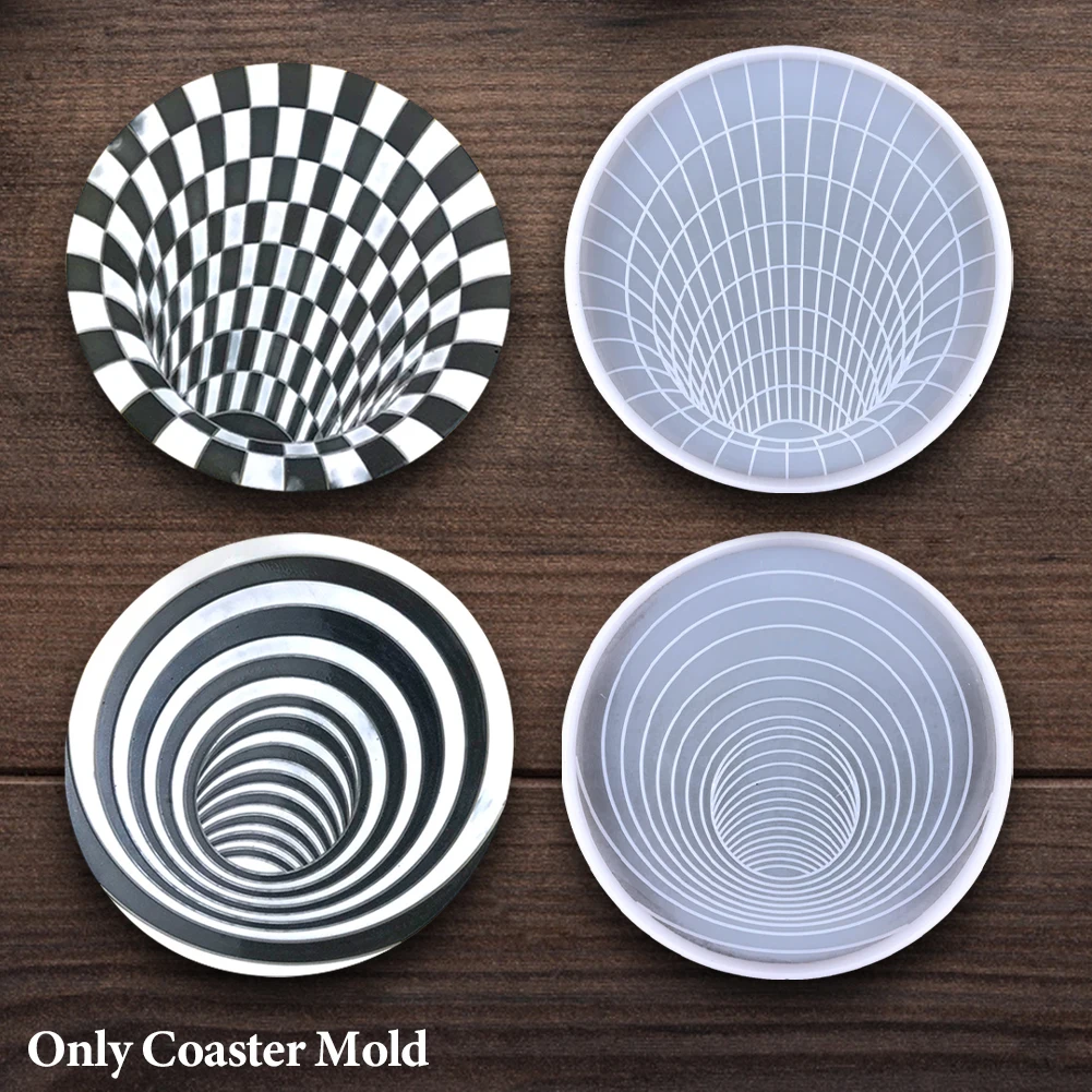 

6pcs/pack Round Cup Mat Resin Mold Pottery DIY 3D Vision Coaster Mold Silicone Flexible Decoration Craft White Round Spiral Trap