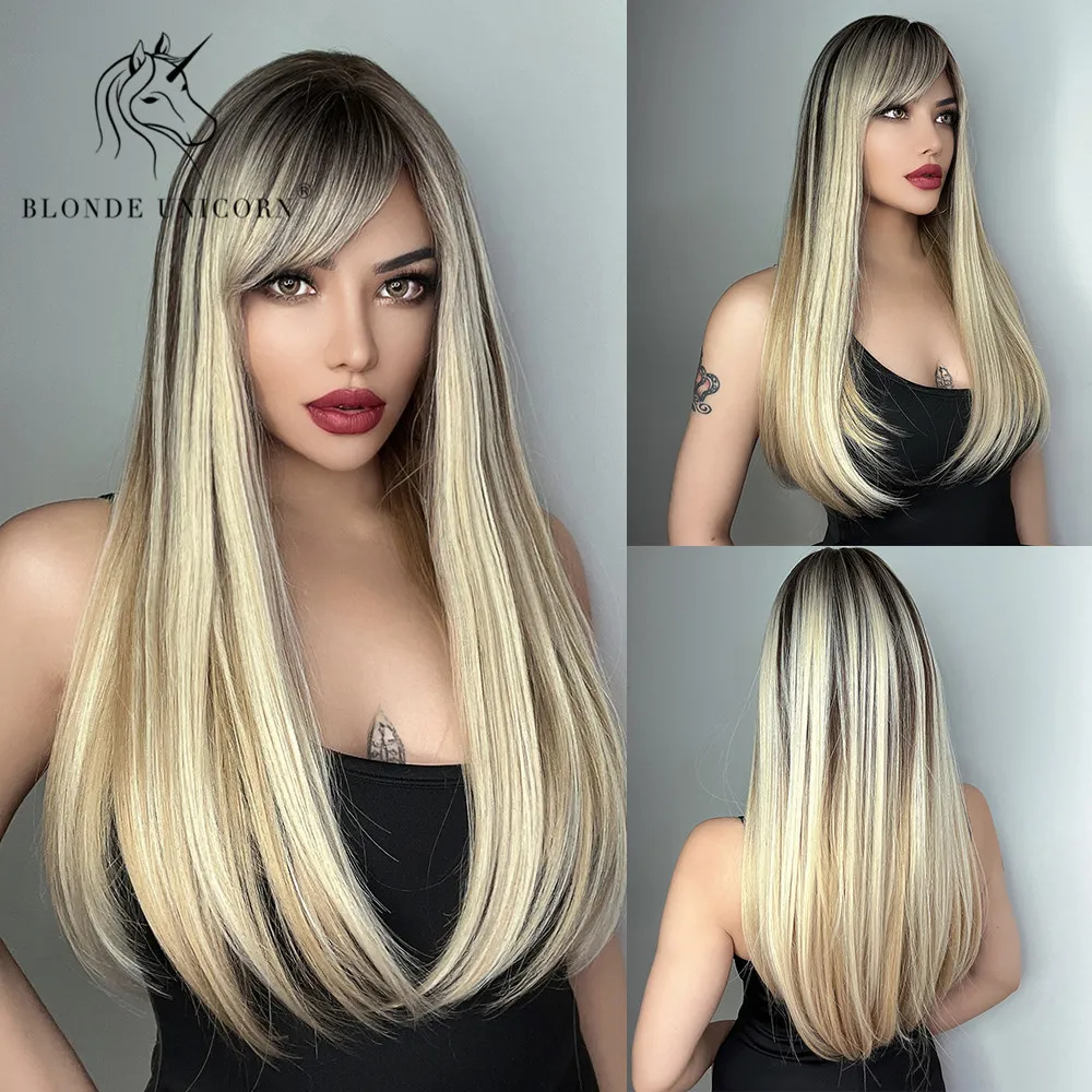 Blonde Unicorn Synthetic Long Straight Wig Black Root Ombre Blonde Brown Daily Hair Wigs for Women Heat Resistant Fiber