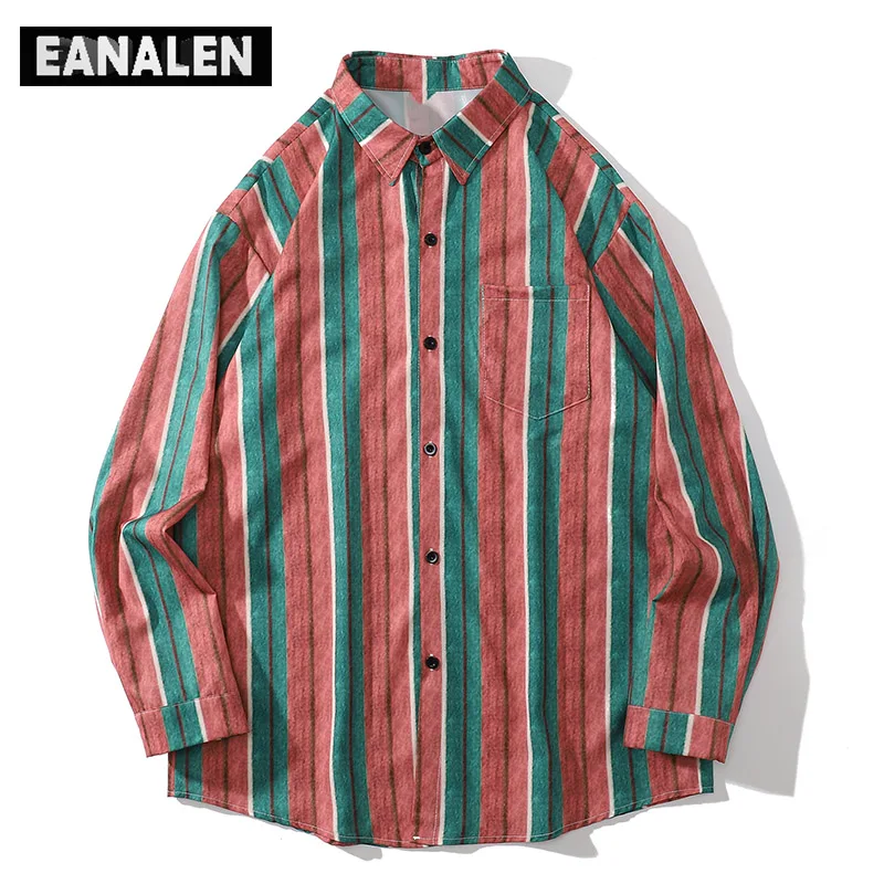 

Harajuku Retro Red Green Striped Social Shirts Men's Oversized Korean Clothing Fashion Trend Casual Shirts Long Sleeve Aesthetic