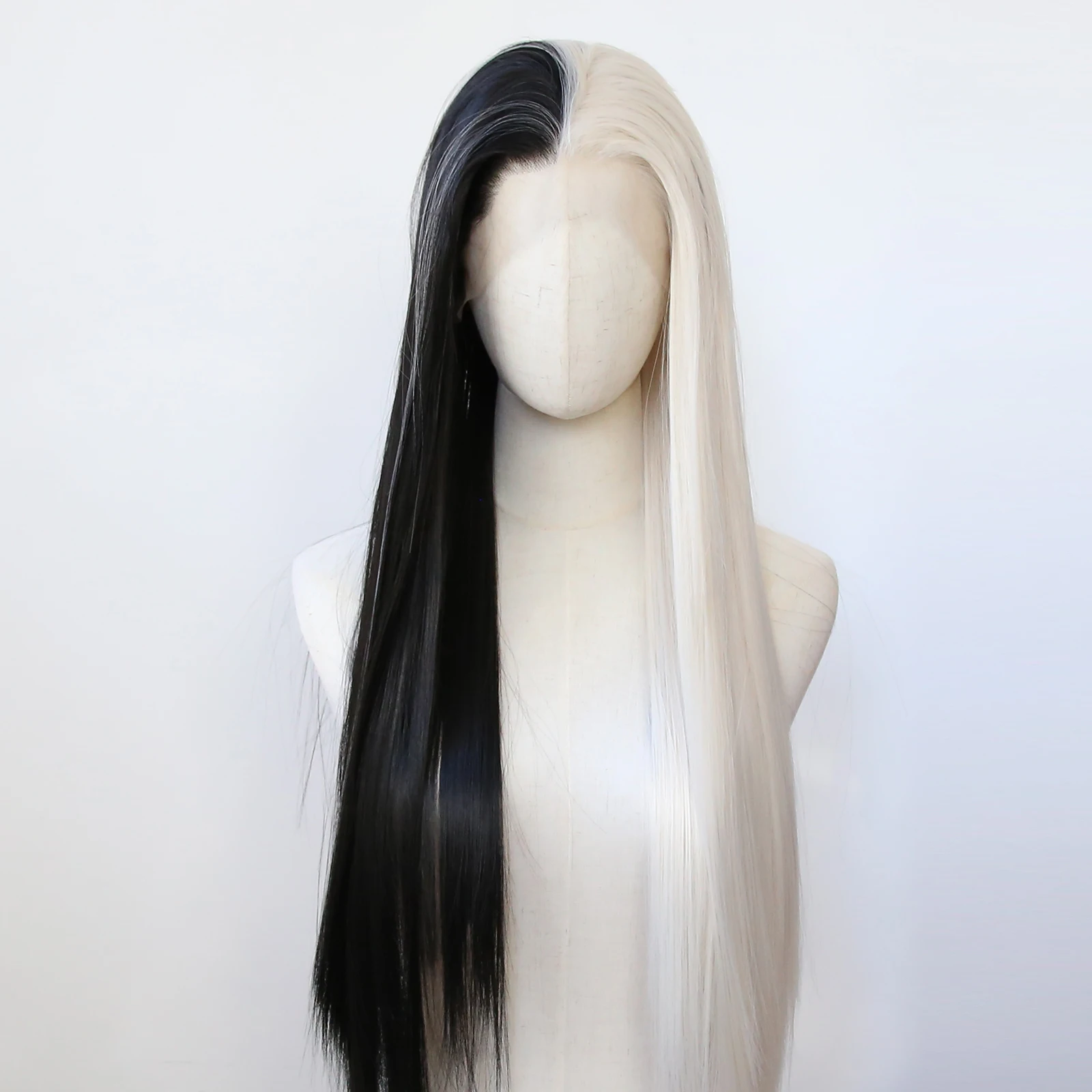 Наполовину черный и наполовину Платиновый светлый синтетический парик на