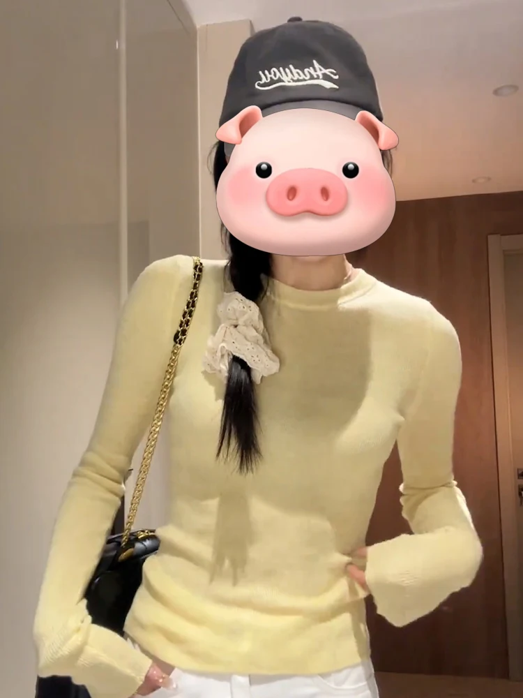 Желто-белый мягкий клейкий вязаный топ с круглым вырезом для женщин ранняя осень