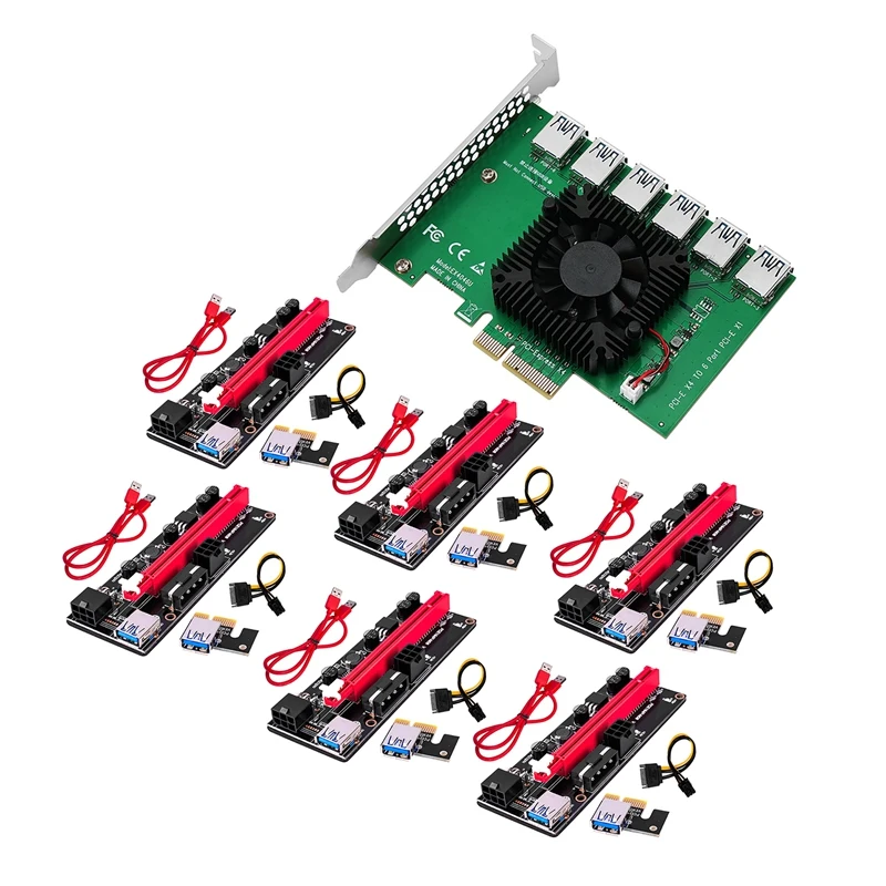 

PCIE одна на шесть расширенных карт PCIE 4X на 6 портов USB3.0 + VER009S 1X до 16X, набор графических удлинительных кабелей для майнинга BTC