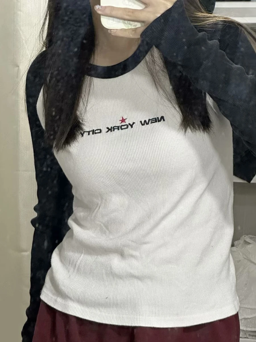 

Винтажная Футболка реглан с вышивкой в виде звезд и букв, Классический Графический Повседневный хлопковый пуловер с длинным рукавом, уличная одежда, шикарные топы для женщин