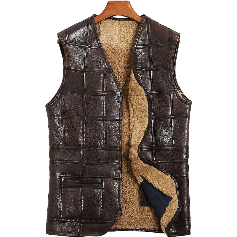 

Genuine Leather Vest Men 100%Wool Fur Liner Short Coat Winter Jacket Sheepskin Vests clothes Chalecos Para Hombre 802