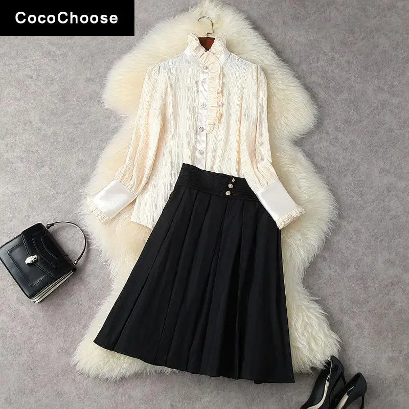 

Женский офисный костюм из двух предметов, элегантная белая рубашка с воротником-стойкой и оборками, плиссированная юбка с высокой талией, в...