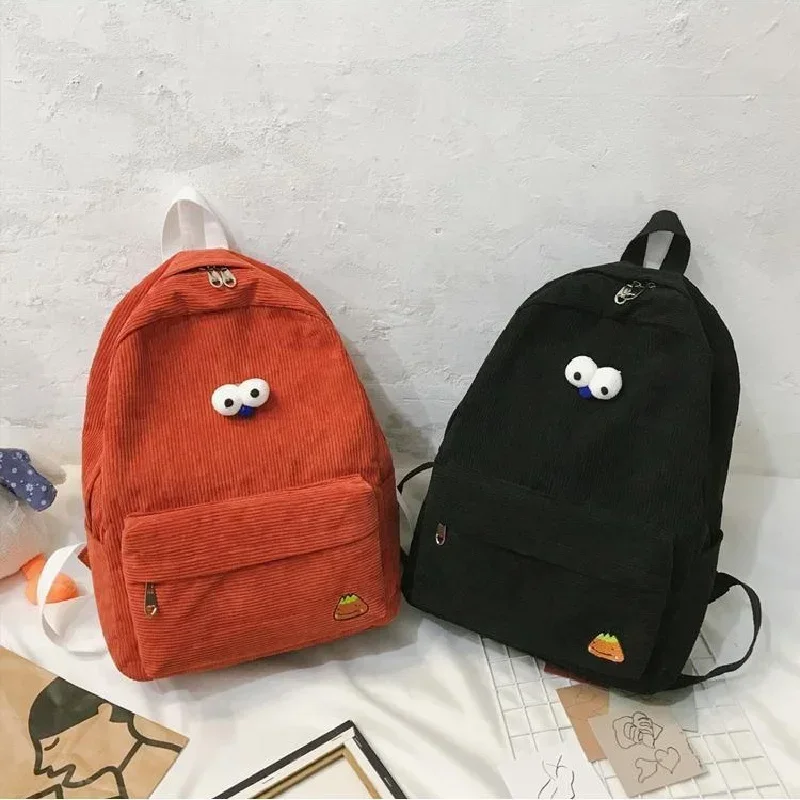 

Corduroy Teen Girls School bags with eyes College middle School Student Large Capacity Bookbag Preppy Style Backpacks