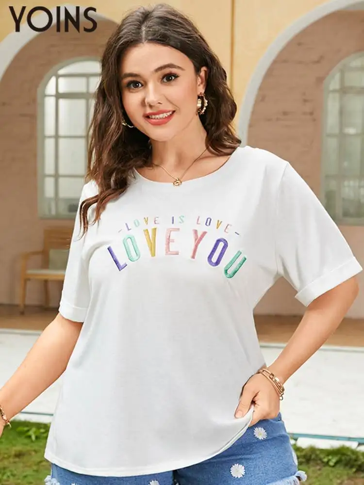 

YOINS Fashion Women's Short Sleeve T-Shirts 2022 Summer O Neck Letter Printed Party Tees Plus Size 4XL Casual Loose Tunic Tops