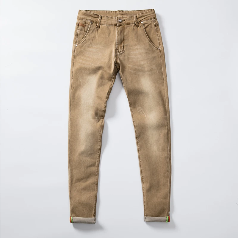 Spring Autumn Men's Elastic Cotton Stretch Jeans Pants Skinny Fit Denim Trousers Men's Fashion Wear Washed Khaki Jean Pants