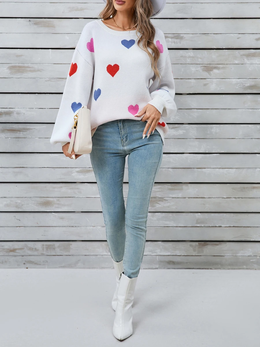 Женский свитер с принтом сердца Свободный пуловер длинным рукавом и круглым