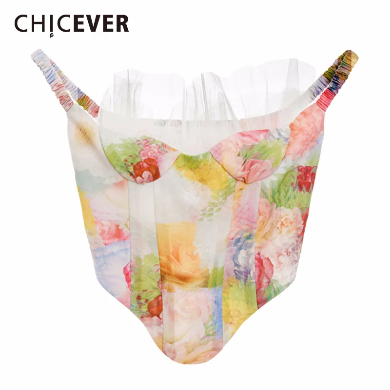 

CHICEVER Patchwork Ruffles Women's Vests Square Collar Sling Sleeveless Print Hit Color Camis For Female 2022 Summer Fashion New