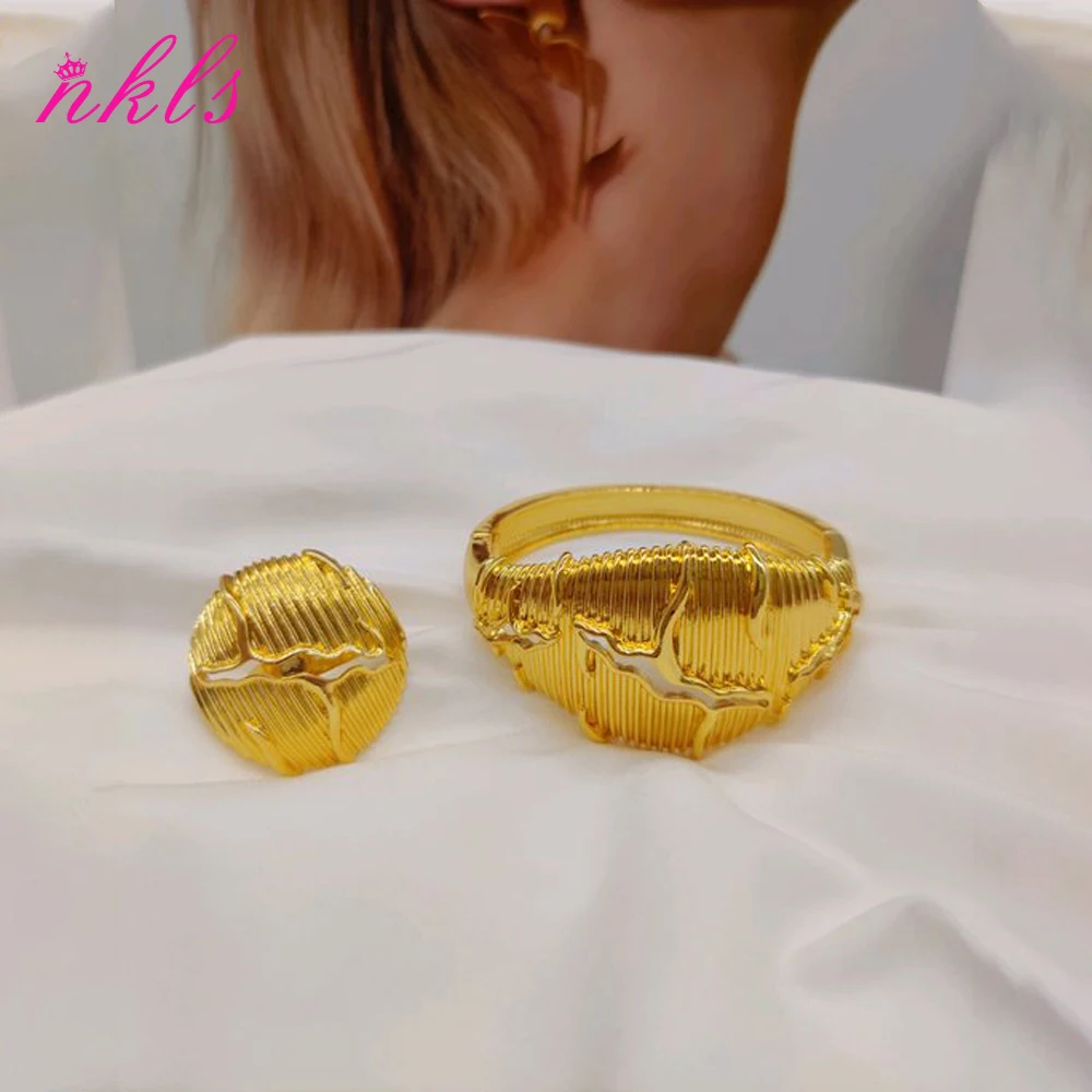 Дубайский позолоченный полый дизайн браслет и кольцо трендовый комплект