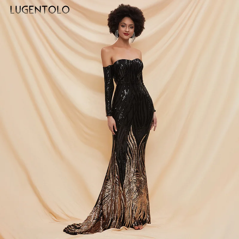 

Women Chest Wrap Slash Neck Dress Annual Party Host Sequined Small Trailing Evening Lady Empire Slim Maxi Temperament Dress