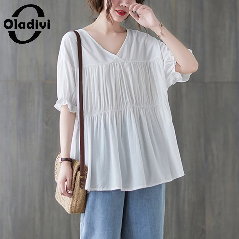 

Oladivi Fashion Women Short Sleeve Blouses 2022 Summer New Oversized Clothing Casual Loose Shirts Big Size Tops Blusas 8749 5XL
