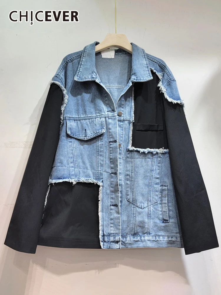 

CHICEVER Patchwork Raw Hem Denim Coats For Women Lapel Long Sleeve Single Breasted Casual Asymmetrical Hit Color Coat Female New