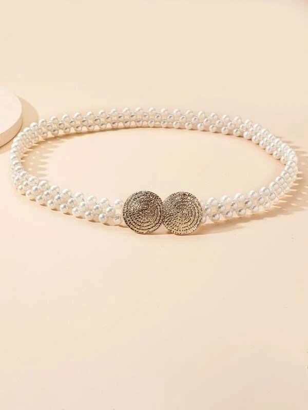 

Women's Casual Belt Metal Double Round Pearl Decoration Waist Chain Summer