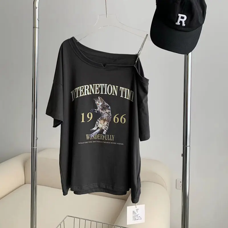 

Vintage Printed One-line Neck Short Sleeve T-shirt Women's Summer Design Large Size Loose Casual Sexy Off-shoulder Tees Top