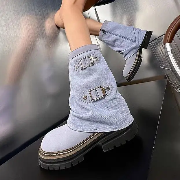 

GIGIFOX Platform Combat Boots For Women Buckle Y2k Punk Boots Western Round Toe Street Style Shoes Autumn Chunky Heels Denim