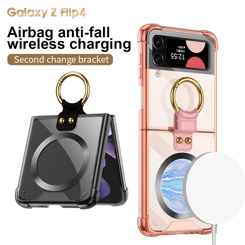 wireless charging magnetic case For Samsung Z Flip 4 Case Z Flip 3 5G ring bracket transparent Hard Electroplating Magsafe cover