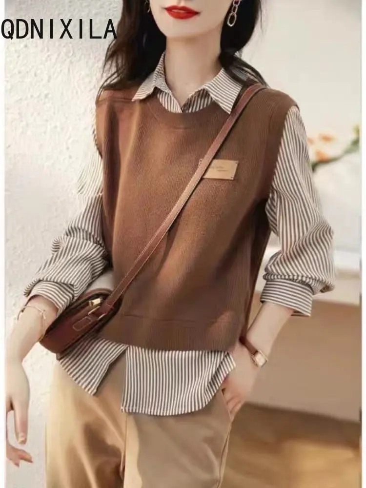 

High Sense Fake Two Piece Shirt for Women In Spring Autumn 2022 New Style South Korea Fashion Loose Knit Sweater Long Sleeve Top