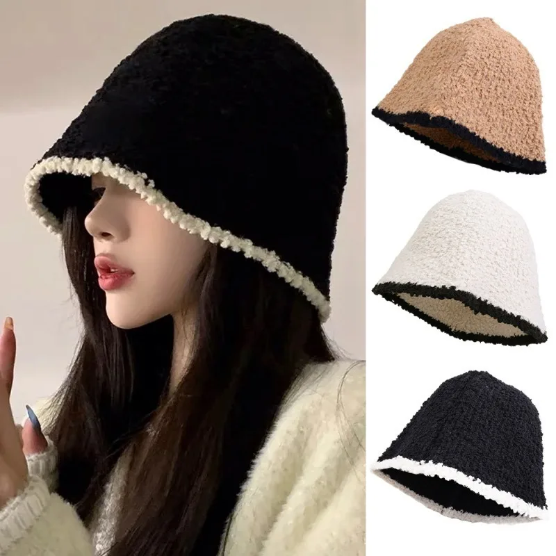 

New Women Bucket Hat Fashion Simple Solid Color Versatile Autumn Winter Lamb Wool Outdoor Warm Cap for Bosom Female Friend Gift