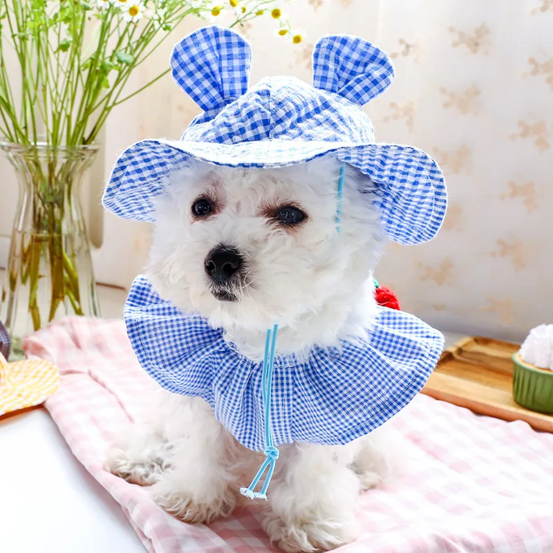 Blue Pet Hat Teddy Summer Sun Visor Hat Puppy Plaid Hat Going Out Sunscreen Artifact Pet Dog Accessories