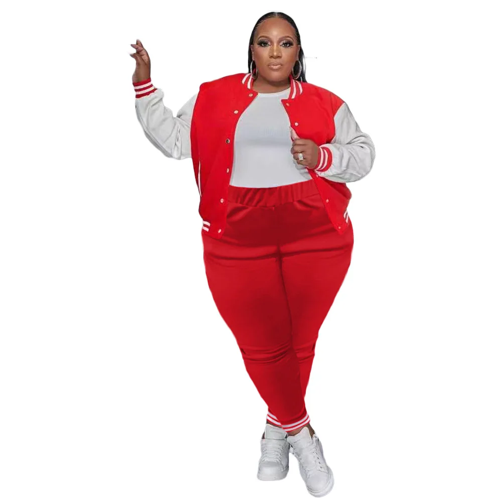 Plus Size Patchwork Casual Two Piece Set Long Sleeve Single Breasted Baseball Top Pencil Pants Women Tracksuit Fashion Clothings