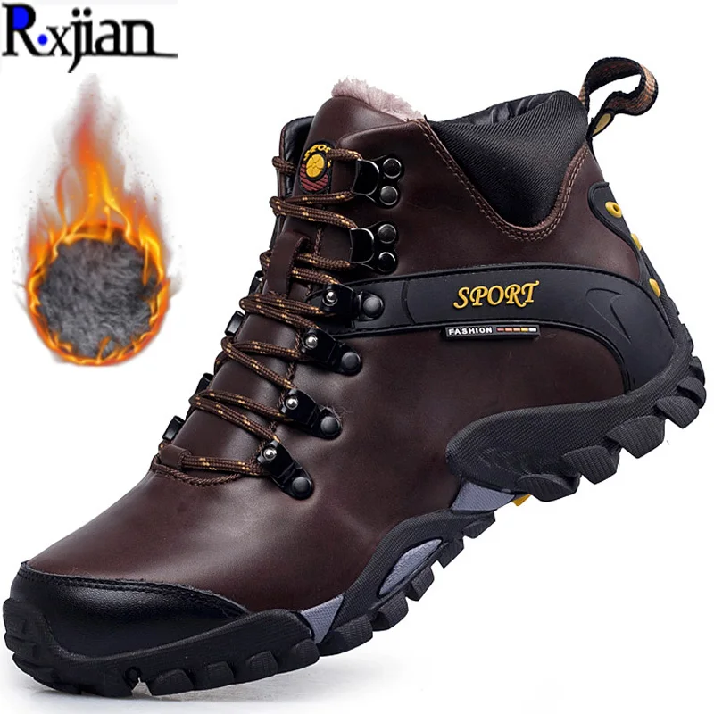 

R.XJIAN Fashion New Leather Winter Warm Outdoor Breathable Hiking shoes Walking shoes Martin Boots High top plus Velvet Men's sh