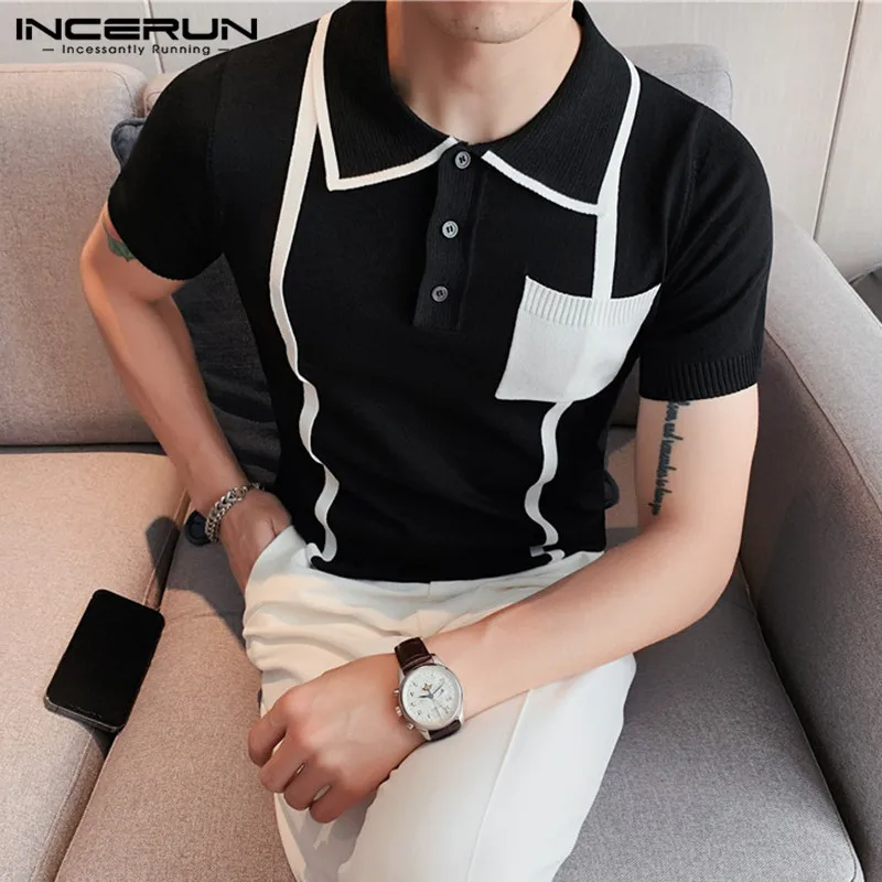 

Рубашка INCERUN мужская с отложным воротником, Повседневная футболка с короткими рукавами, в стиле пэчворк, уличная одежда для фитнеса в Корейском стиле, лето 2023