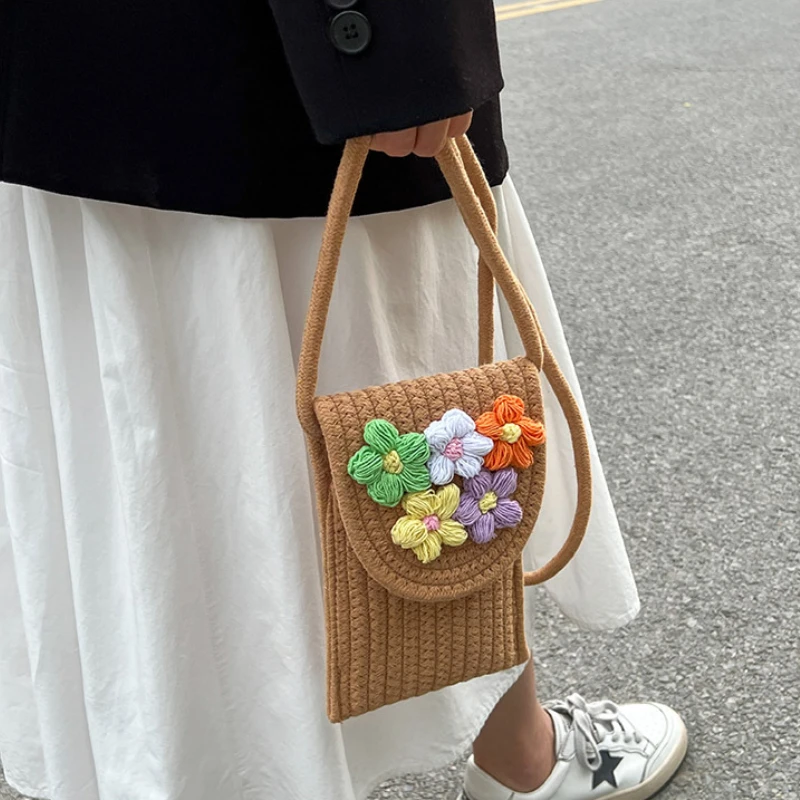 Cotton Rope Mobile Phone Bag Women Messenger Mini Small Bag Handwoven Flower Coin Purse Beach Bag Bolso Del Teléfono Móvil