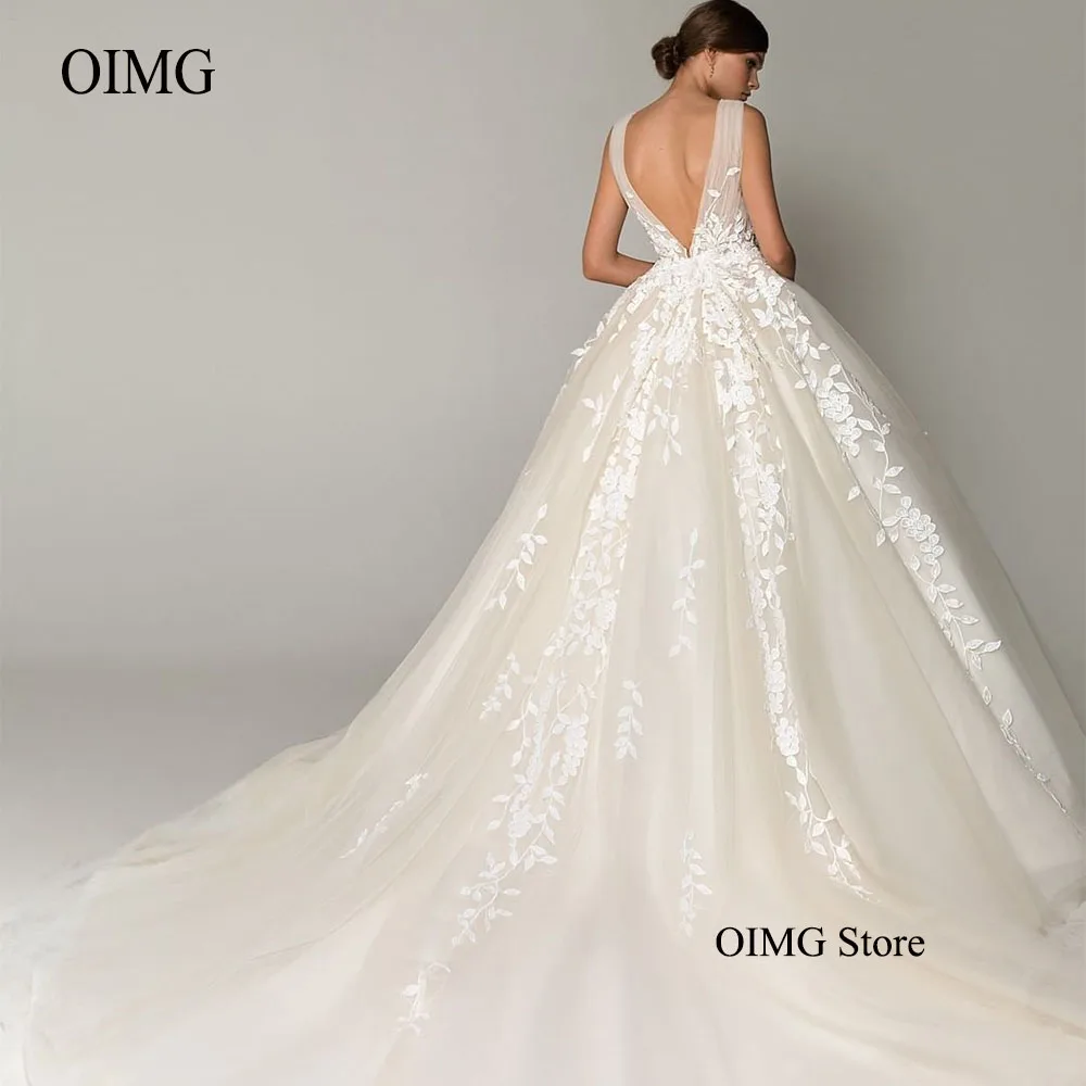 

OIMG V Neck Lace Leaves A Line Wedding Dresses 2022 Korea Bride Gowns Vestido de noiva With Veil Sweep Train Custom Made Elegant