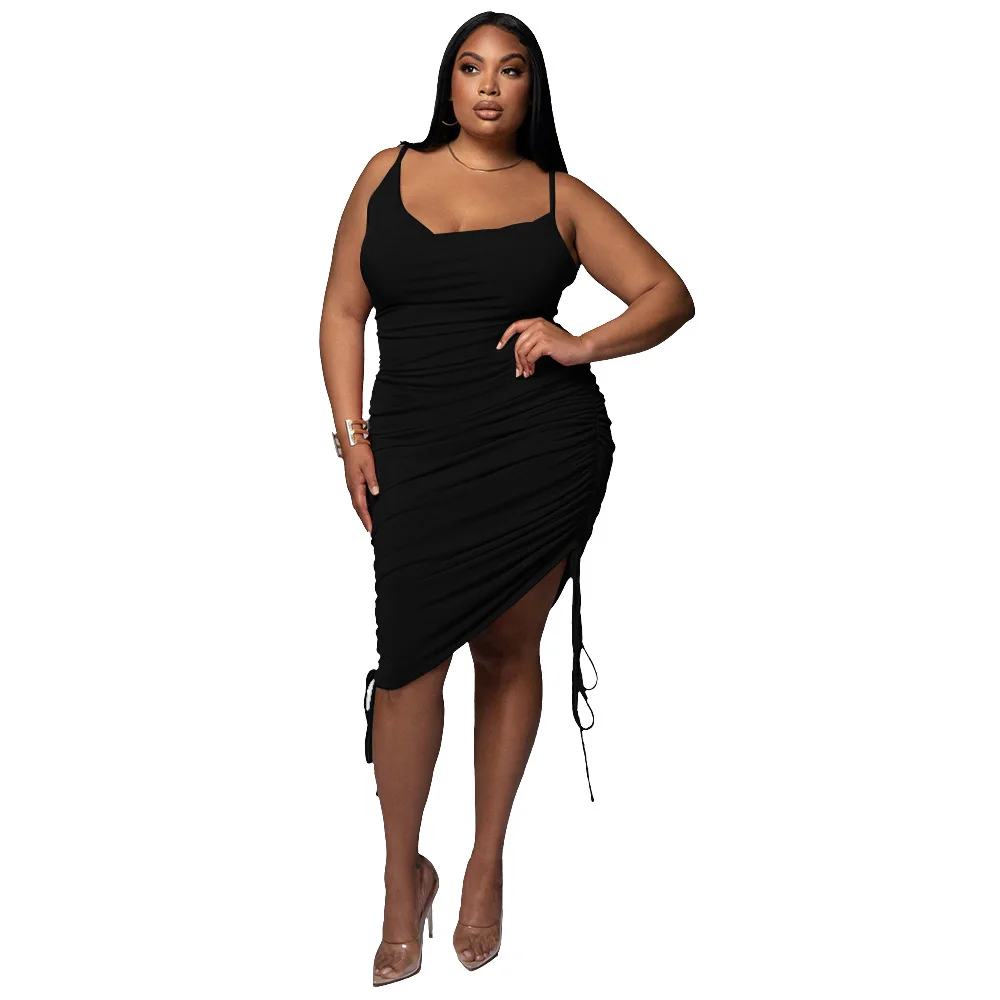 FS 2022 Sexy Women Plus Size Dresses Clothing Low Collar Drawstring Large Size Ladies Tight Waist Dress Spaghetti Strap Pleated