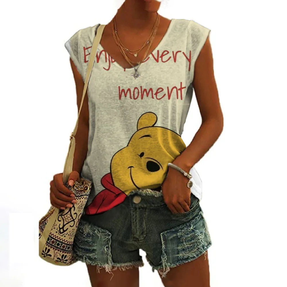 

Summer hot selling women's clothing new Disney brand Winnie the Pooh anime 3D printing V-neck street style sleeveless vest Y2K