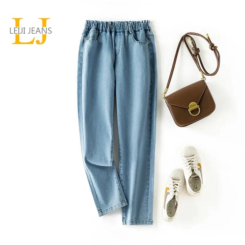 

LEIJIJEANS Spring Summer Thin Women Jeans Harem Loose High Waist Elastic Brand 120 Kgs 4XL 6XL Full Length Light Lady Mom Pants