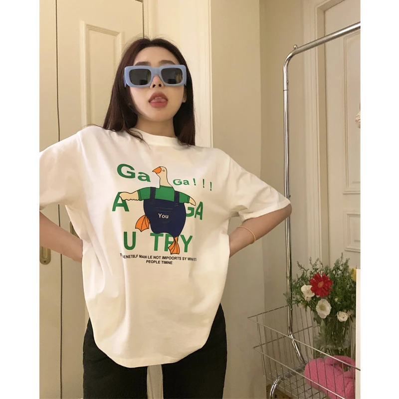 

Summer Women Short Sleeve Cotton T-shirt Round Neck Funny Cartoon Goose Print Large Size Tops Female Harajuku Oversize Long Tees