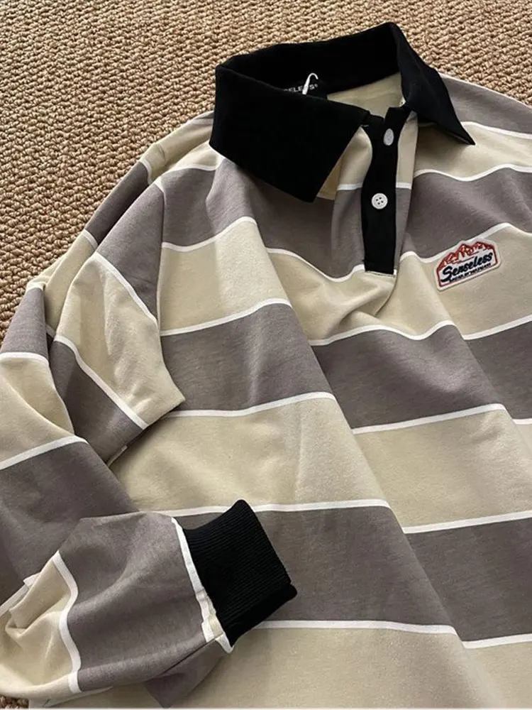 Полосатая рубашка-поло женский топ в японском стиле ретро с длинными рукавами