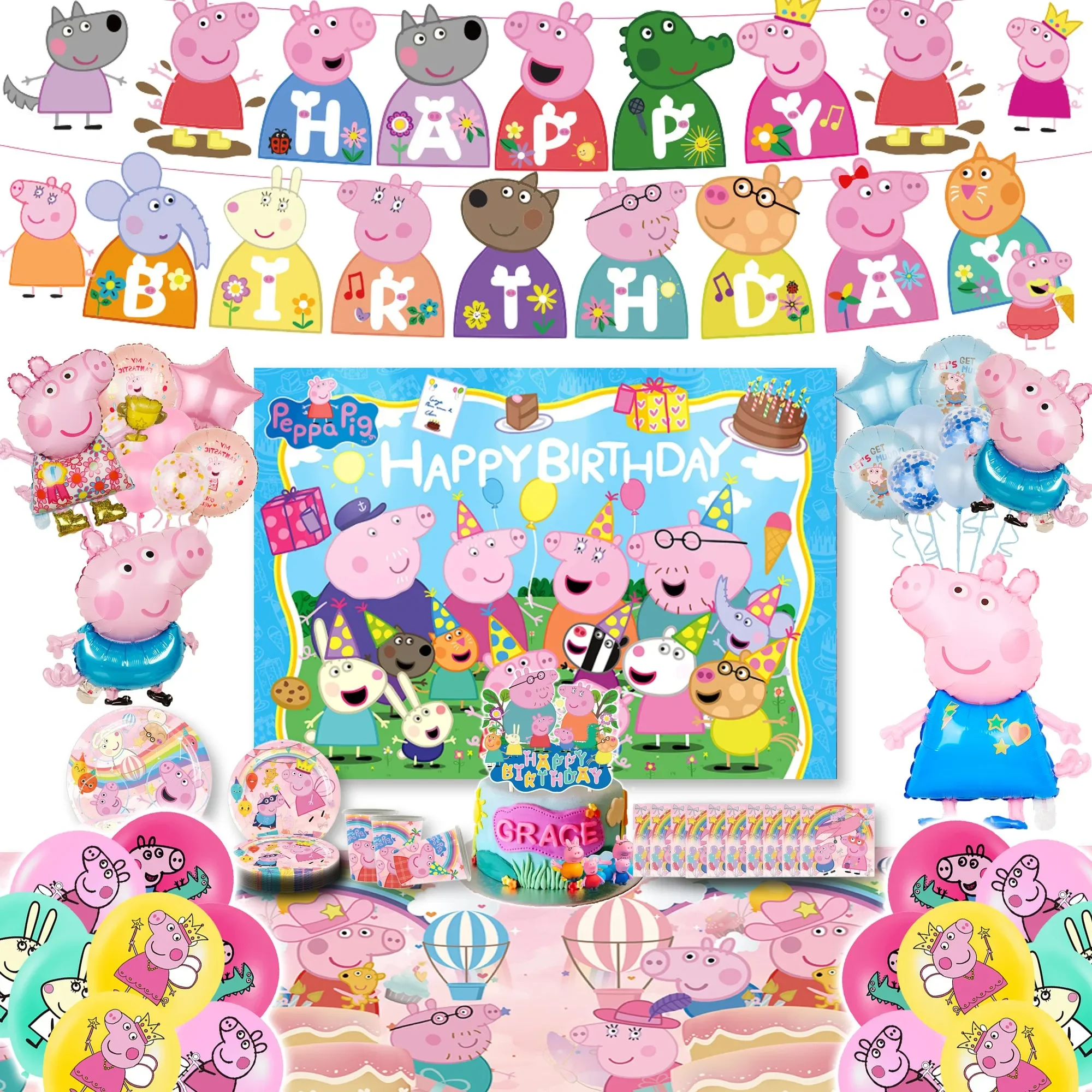 Hot Peppa Pig family Birthday Party cutlery plate Disposable Banner Topper Hanging Flag Balloons set Cake shop Decorations
