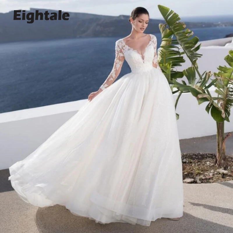 

Eightale Glitter Wedding Dresses 2022 V Neck Appliques Lace Long Sleeves A-Line Boho Bride Gowns Beach vestidos de novia