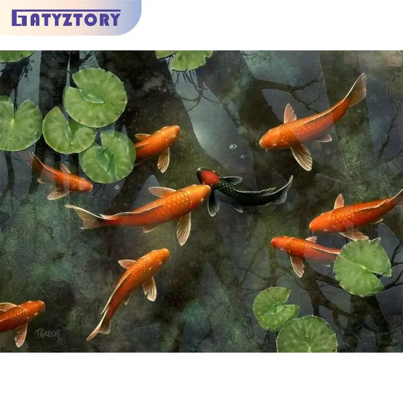 

GATYZTORY Oil Paint By Numbers For Adults Fish In Ponds Coloring With Numbers Diy Gift Artwork Handicrafts Acrylic Painting