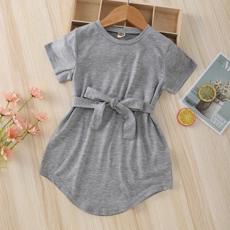 

2 Colors Children Girls Casual Dress Summer Toddler Kids Solid Color Short Sleeve Belt Knee-Length A-line Dress Sundress Clothes