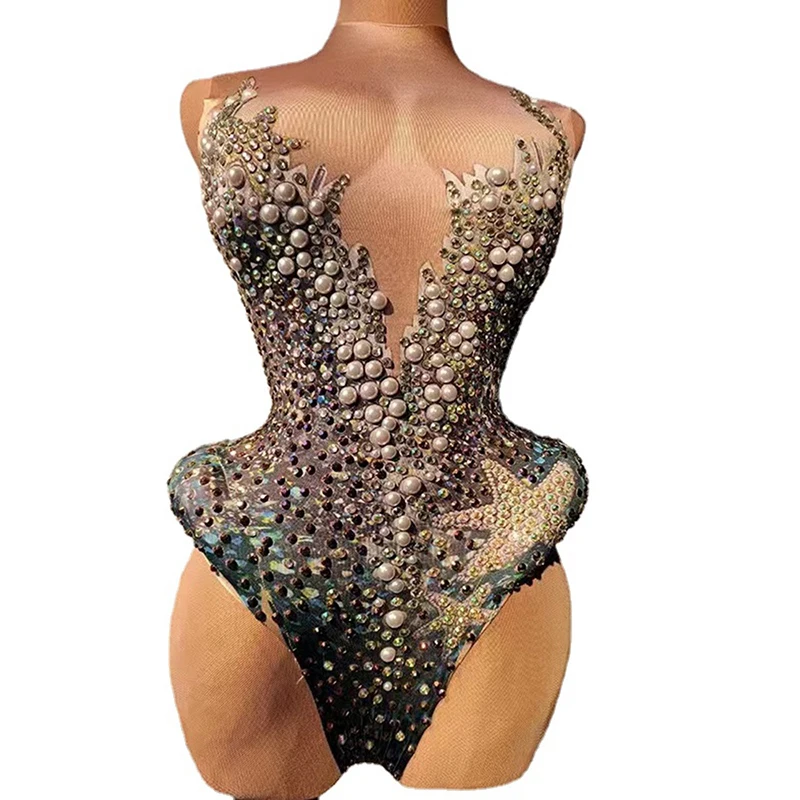 

Соблазнительное боди с кристаллами, блестящий женский купальник с жемчугом, танцевальный костюм певицы