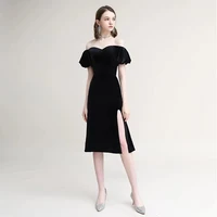 retro black solid slim evening dress 2022 women sexy off the shoulder elegant casual soft side slit vintage party prom midi gown