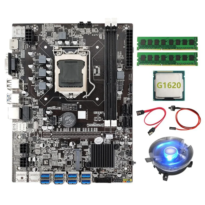 B75 BTC Mining Motherboard+G1620 CPU+2XDDR3 8GB 1600Mhz RAM+Cooling Fan LGA1155 8GPU PCI-E To USB3.0 Bitcoin ETH Miner