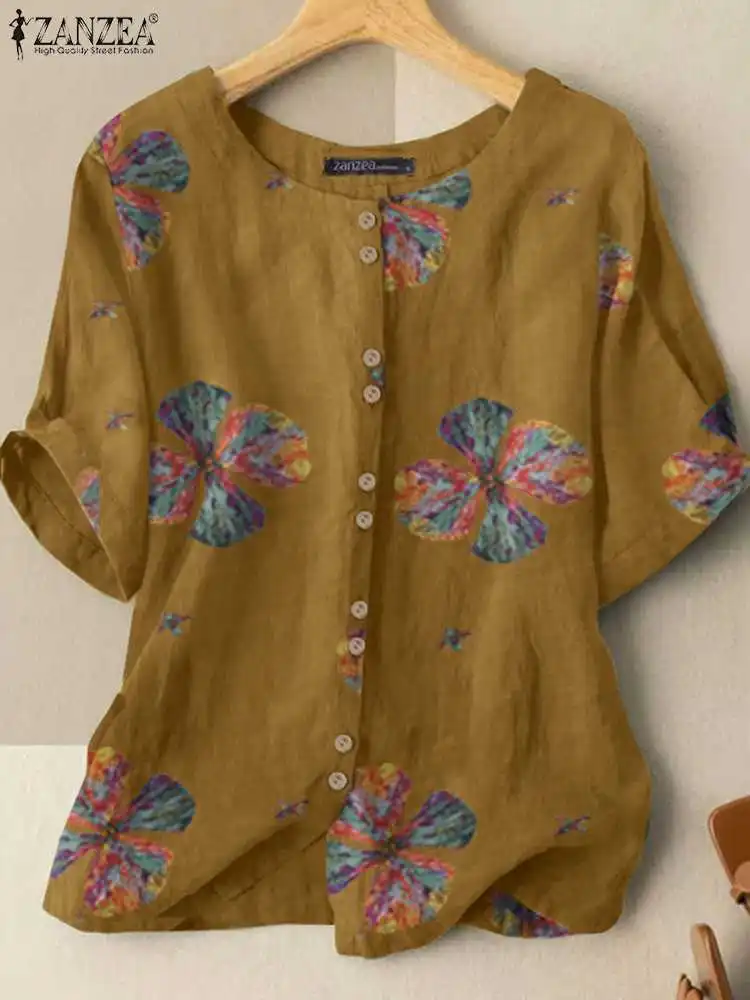 

Women Floral Printed Blouse ZANZEA Casual Loose Short Sleeve Shirt Summer Vintage Tunic Tops Female Buttons Down Blusas Mujer