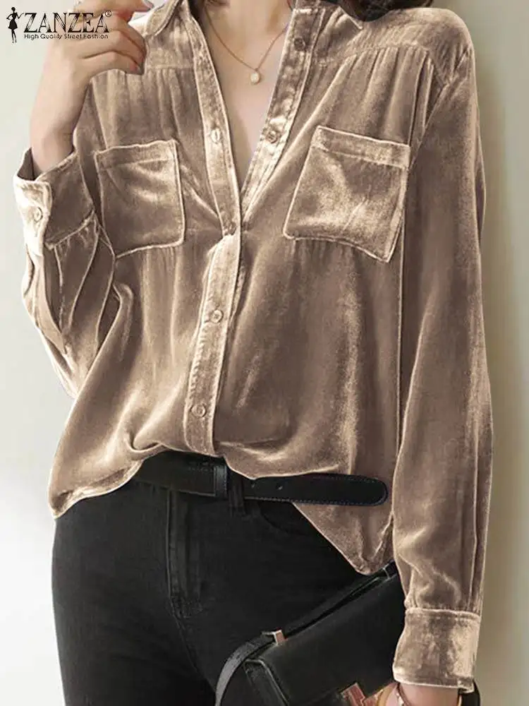 

ZANZEA Women Long Sleeve Tops Elegant Shirts 2023 Autumn Velvet Blusas Button Up Casual Loose Streetwears Office Lady Blouse