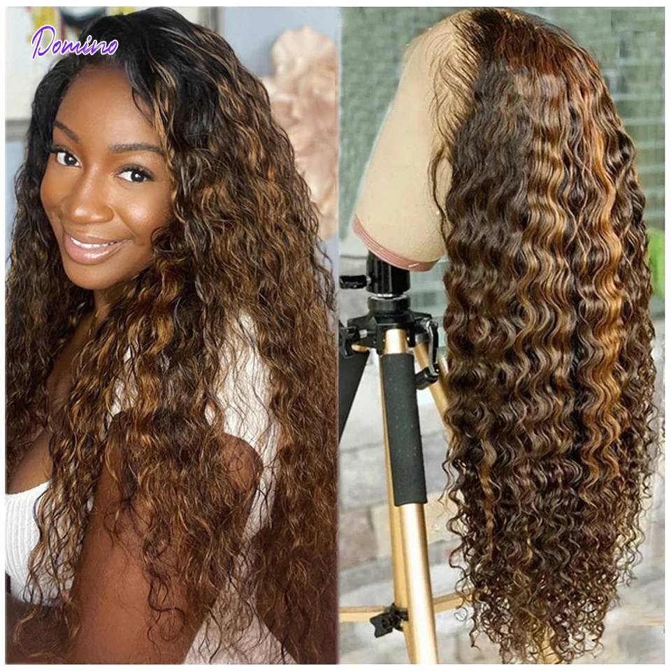 

Domino 30 Inch Highlight Ombre Brown Deep Wave Wig Human Hair Curly 4/27 Colored 13x4x1 Deep Wave Lace Front Wig For Black Women