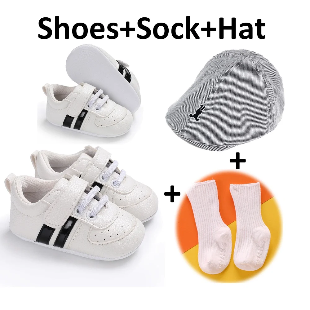

Newborn Baby Shoes Boy Girl Fashion Striped with Hat Soft Sole PU Leather First Walker Casual Sneakers Christening
