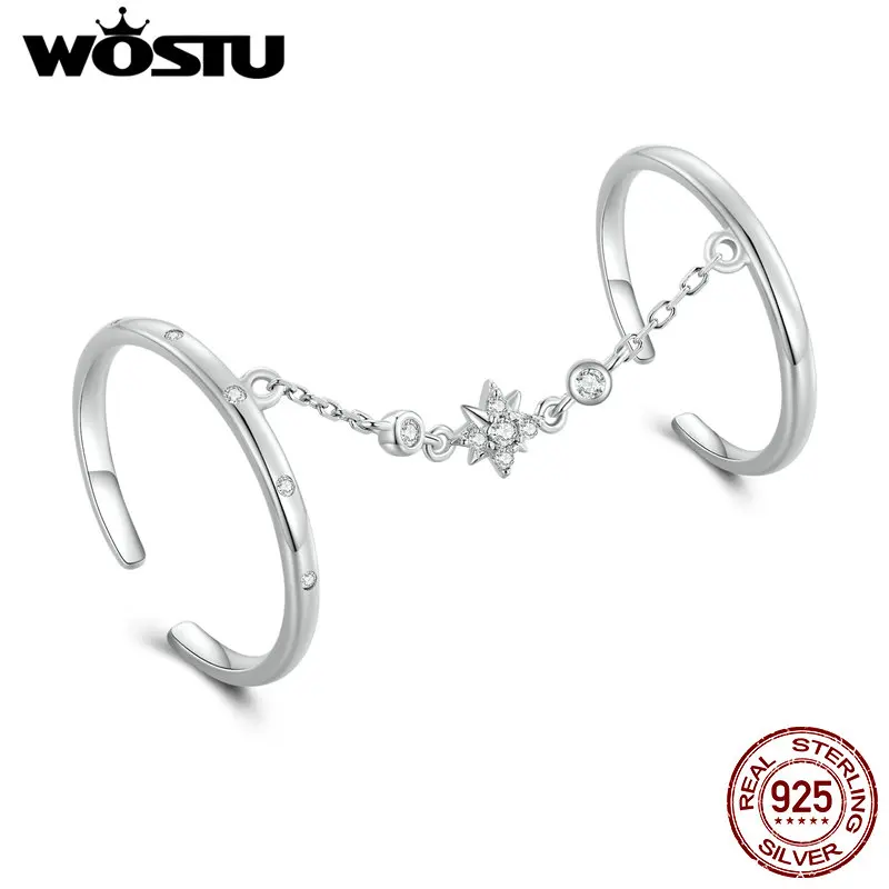 

WOSTU Real 925 Stelring Silver Open Chain Rings for Women Double Circle Link Rings Party Wedding Jewelry Gift CTR405