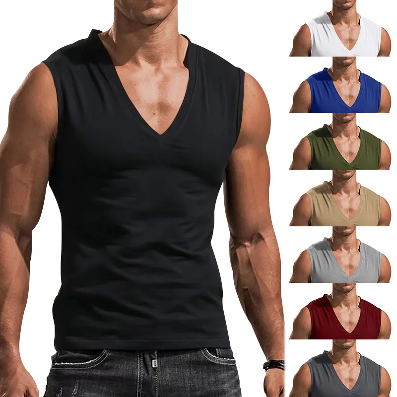 

2023Foreign trade European code men's solid colorVCollar vest casual breathable sleevelessTT-shirt vest in stock
